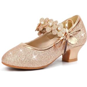 imagePANDANINJIA Girls Dress Shoes Kids Toddler Heels Pumps Flower Girl Mary Jane School Wedding Party Princess ShoesRose Gold Glitter