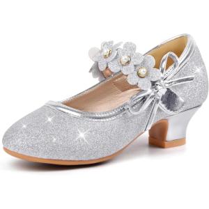 imagePANDANINJIA Girls Dress Shoes Kids Toddler Heels Pumps Flower Girl Mary Jane School Wedding Party Princess ShoesSilver Glitter