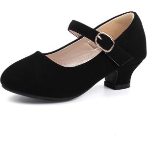 imagePANDANINJIA Molly Girls Dress Shoes Mary Jane Heels Flower Wedding Party Back to School Pump Shoes for Toddler Little KidM Black Nubuck