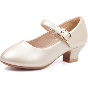 imagePANDANINJIA Molly Girls Dress Shoes Mary Jane Heels Flower Wedding Party Back to School Pump Shoes for Toddler Little KidM Champagne Pu