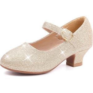 imagePANDANINJIA Molly Girls Dress Shoes Mary Jane Heels Flower Wedding Party Back to School Pump Shoes for Toddler Little KidM Gold Glitter