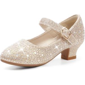 imagePANDANINJIA Molly Girls Dress Shoes Mary Jane Heels Flower Wedding Party Back to School Pump Shoes for Toddler Little KidM Gold Rhinestone