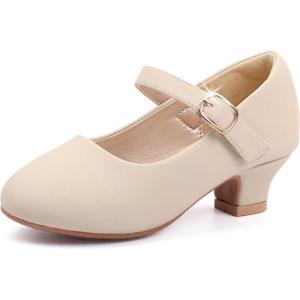 imagePANDANINJIA Molly Girls Dress Shoes Mary Jane Heels Flower Wedding Party Back to School Pump Shoes for Toddler Little KidM Nude Nubuck