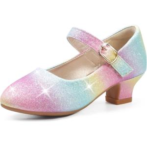 imagePANDANINJIA Molly Girls Dress Shoes Mary Jane Heels Flower Wedding Party Back to School Pump Shoes for Toddler Little KidM Rainbow Glitter