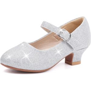 imagePANDANINJIA Molly Girls Dress Shoes Mary Jane Heels Flower Wedding Party Back to School Pump Shoes for Toddler Little KidM Silver Glitter