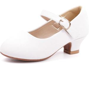 imagePANDANINJIA Molly Girls Dress Shoes Mary Jane Heels Flower Wedding Party Back to School Pump Shoes for Toddler Little KidM White Pu