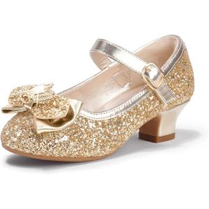 imagePANDANINJIA Molly Girls Dress Shoes Mary Jane Heels Flower Wedding Party Back to School Pump Shoes for Toddler Little KidS Gold Sequin