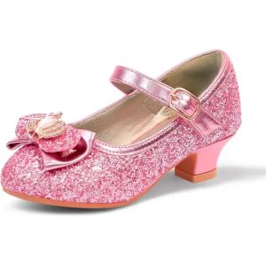 imagePANDANINJIA Molly Girls Dress Shoes Mary Jane Heels Flower Wedding Party Back to School Pump Shoes for Toddler Little KidS Pink Sequin