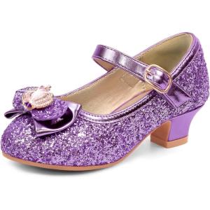 imagePANDANINJIA Molly Girls Dress Shoes Mary Jane Heels Flower Wedding Party Back to School Pump Shoes for Toddler Little KidS Purple Sequin