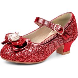 imagePANDANINJIA Molly Girls Dress Shoes Mary Jane Heels Flower Wedding Party Back to School Pump Shoes for Toddler Little KidS Red Sequin