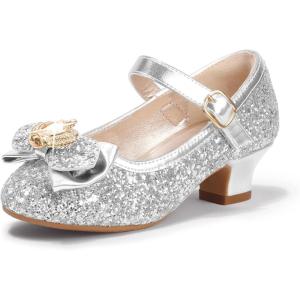 imagePANDANINJIA Molly Girls Dress Shoes Mary Jane Heels Flower Wedding Party Back to School Pump Shoes for Toddler Little KidS Silver Sequin