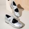 imagePANDANINJIA Girls Dress Shoes Ballet Flats Mary Jane Elastic Cross Strap Little Big Kid Low Heels Flower Girl ShoesSilver Pu