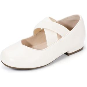 imagePANDANINJIA Girls Dress Shoes Ballet Flats Mary Jane Elastic Cross Strap Little Big Kid Low Heels Flower Girl ShoesOffwhite