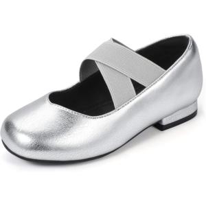 imagePANDANINJIA Girls Dress Shoes Ballet Flats Mary Jane Elastic Cross Strap Little Big Kid Low Heels Flower Girl ShoesSilver Pu