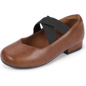 imagePANDANINJIA Girls Dress Shoes Ballet Flats Mary Jane Elastic Cross Strap Little Big Kid Low Heels Flower Girl ShoesTan Pu