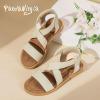 imagePANDANINJIA Girls Sandals Slipon Elastic Ankle Cross Strappy Gladiator Dress Sandals Flats Summer Shoes Little Big Kids SandalsGold