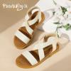 imagePANDANINJIA Girls Sandals Slipon Elastic Ankle Cross Strappy Gladiator Dress Sandals Flats Summer Shoes Little Big Kids SandalsNude