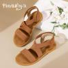 imagePANDANINJIA Girls Sandals Slipon Elastic Ankle Cross Strappy Gladiator Dress Sandals Flats Summer Shoes Little Big Kids SandalsTan