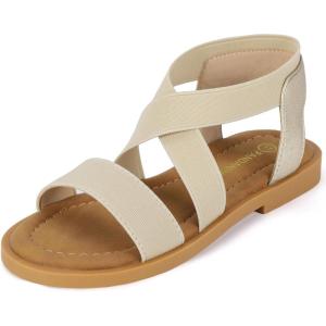 imagePANDANINJIA Girls Sandals Slipon Elastic Ankle Cross Strappy Gladiator Dress Sandals Flats Summer Shoes Little Big Kids SandalsGold