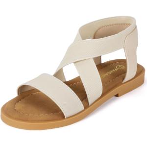 imagePANDANINJIA Girls Sandals Slipon Elastic Ankle Cross Strappy Gladiator Dress Sandals Flats Summer Shoes Little Big Kids SandalsNude