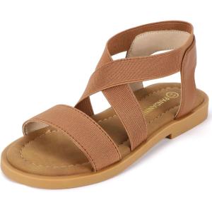 imagePANDANINJIA Girls Sandals Slipon Elastic Ankle Cross Strappy Gladiator Dress Sandals Flats Summer Shoes Little Big Kids SandalsTan