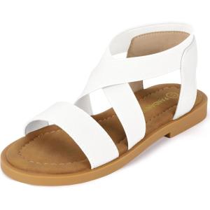 imagePANDANINJIA Girls Sandals Slipon Elastic Ankle Cross Strappy Gladiator Dress Sandals Flats Summer Shoes Little Big Kids SandalsWhite