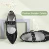 imagePANDANINJIA Girls Dress Shoes Studded Mary Jane Ballet Flats for Girl Pointed Toe Little Big Kid Flower Girl Party Formal Wedding ShoesBlackpu