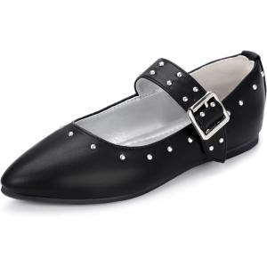 imagePANDANINJIA Girls Dress Shoes Studded Mary Jane Ballet Flats for Girl Pointed Toe Little Big Kid Flower Girl Party Formal Wedding ShoesBlackpu