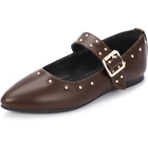 imagePANDANINJIA Girls Dress Shoes Studded Mary Jane Ballet Flats for Girl Pointed Toe Little Big Kid Flower Girl Party Formal Wedding ShoesDarkbrownpu