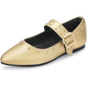 imagePANDANINJIA Girls Dress Shoes Studded Mary Jane Ballet Flats for Girl Pointed Toe Little Big Kid Flower Girl Party Formal Wedding ShoesGoldpu