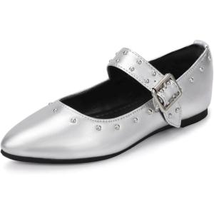 imagePANDANINJIA Girls Dress Shoes Studded Mary Jane Ballet Flats for Girl Pointed Toe Little Big Kid Flower Girl Party Formal Wedding ShoesSilverpu
