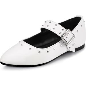 imagePANDANINJIA Girls Dress Shoes Studded Mary Jane Ballet Flats for Girl Pointed Toe Little Big Kid Flower Girl Party Formal Wedding ShoesWhitepu