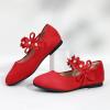 imagePANDANINJIA Toddler Girls Dress Shoes Flower Girl Flats Pearls Bow Mary Jane Wedding Party Flora ShoesRed Suede