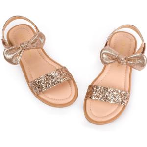 imagePANDANINJIA Gina Girls Sandals Open Toe Summer Flats Dress Sandals Shoes ToddlerLittle KidBig KidElla Rosegold Sequin