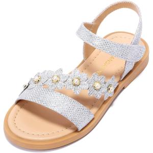 imagePANDANINJIA Gina Girls Sandals Open Toe Summer Flats Dress Sandals Shoes ToddlerLittle KidBig KidSilver Glitter