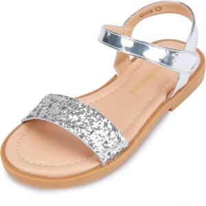 imagePANDANINJIA Gina Girls Sandals Open Toe Summer Flats Dress Sandals Shoes ToddlerLittle KidBig KidSilver Sequin