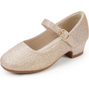 imagePANDANINJIA Girls Dress Shoes Toddler Little Big Kid Chunky Heels Wedding Party School PNEMY Flower Girl ShoesGold Glitter