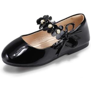 imagePANDANINJIA Toddler Girls Dress Shoes Flower Girl Flats Pearls Bow Mary Jane Wedding Party Flora ShoesBlack Patent