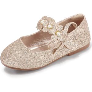 imagePANDANINJIA Toddler Girls Dress Shoes Flower Girl Flats Pearls Bow Mary Jane Wedding Party Flora ShoesGold Glitter