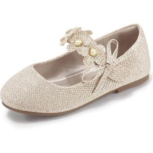 imagePANDANINJIA Toddler Girls Dress Shoes Flower Girl Flats Pearls Bow Mary Jane Wedding Party Flora ShoesGold Sparkle