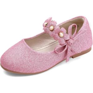 imagePANDANINJIA Toddler Girls Dress Shoes Flower Girl Flats Pearls Bow Mary Jane Wedding Party Flora ShoesHotpink Glitter