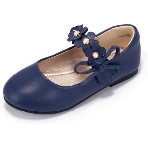 imagePANDANINJIA Toddler Girls Dress Shoes Flower Girl Flats Pearls Bow Mary Jane Wedding Party Flora ShoesNavy Pu