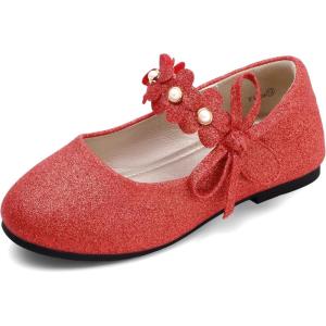 imagePANDANINJIA Toddler Girls Dress Shoes Flower Girl Flats Pearls Bow Mary Jane Wedding Party Flora ShoesRed Glitter