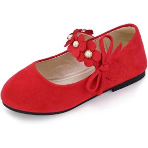 imagePANDANINJIA Toddler Girls Dress Shoes Flower Girl Flats Pearls Bow Mary Jane Wedding Party Flora ShoesRed Suede