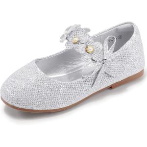 imagePANDANINJIA Toddler Girls Dress Shoes Flower Girl Flats Pearls Bow Mary Jane Wedding Party Flora ShoesSilver Sparkle