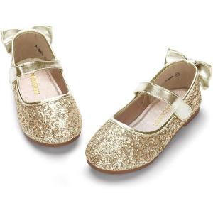 imagePANDANINJIA ToddlerLittle Kid Girls Angela Dress Mary Jane Ballet Flats Bow Flower Girl Wedding Party Ballerina Flat ShoesAg Gold Sequin