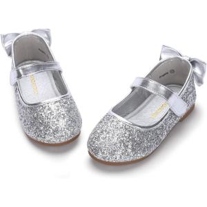 imagePANDANINJIA ToddlerLittle Kid Girls Angela Dress Mary Jane Ballet Flats Bow Flower Girl Wedding Party Ballerina Flat ShoesAg Silver Sequin