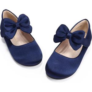 imagePANDANINJIA ToddlerLittle Kid Girls Angela Dress Mary Jane Ballet Flats Bow Flower Girl Wedding Party Ballerina Flat ShoesM Navy Silk