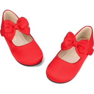 imagePANDANINJIA ToddlerLittle Kid Girls Angela Dress Mary Jane Ballet Flats Bow Flower Girl Wedding Party Ballerina Flat ShoesM Red Silk