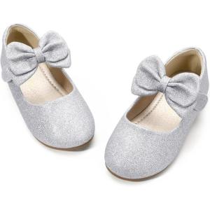 imagePANDANINJIA ToddlerLittle Kid Girls Angela Dress Mary Jane Ballet Flats Bow Flower Girl Wedding Party Ballerina Flat ShoesM Silver Glitter